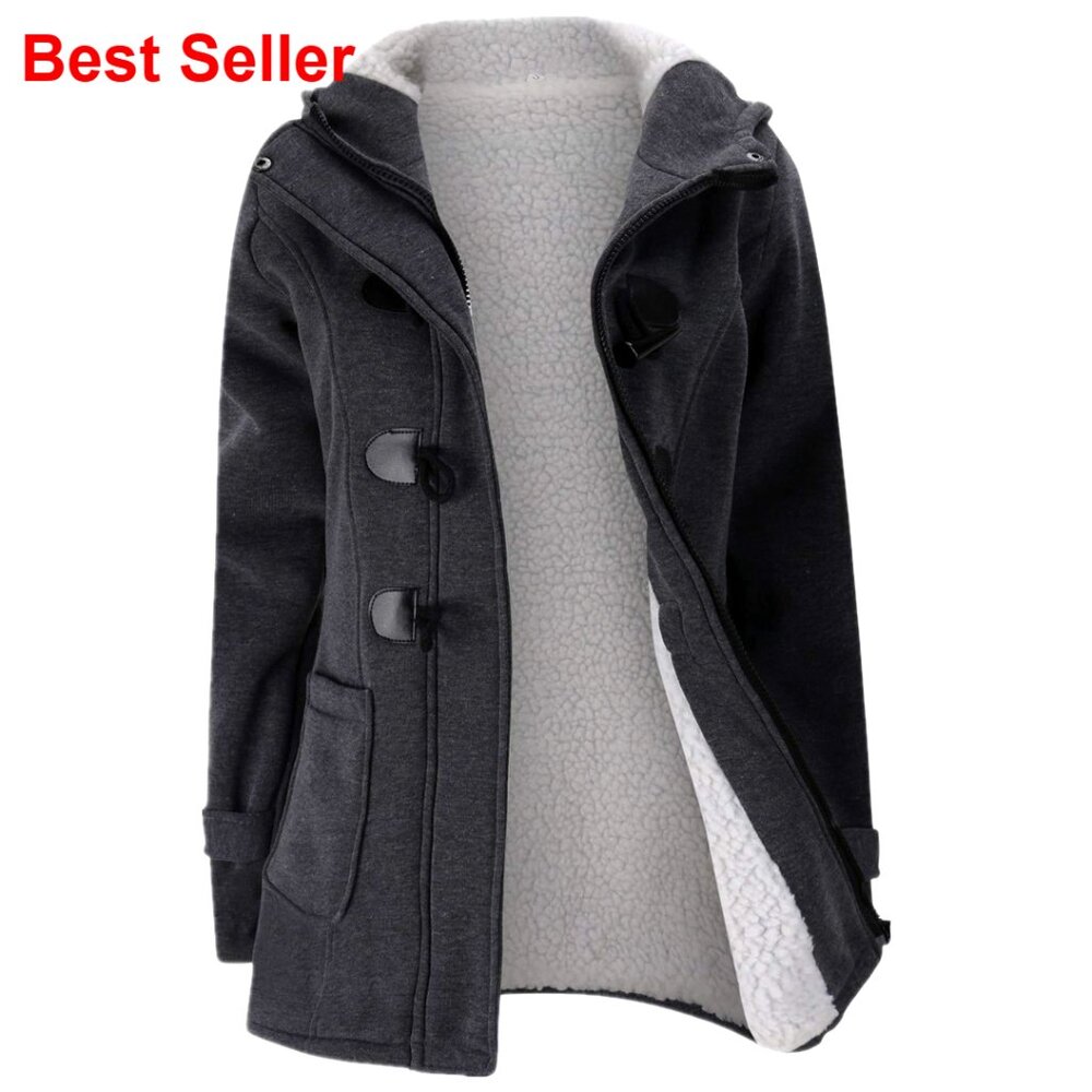 Womens Fleece Hooded Winter Jacket With Horn Button Closure, Medium